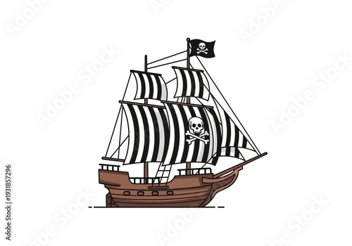 Pirate Ship Sailing Vessel with Jolly Roger.