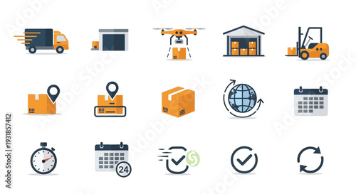 Logistics Icons Featuring Trucks and Warehouse.