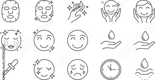 Skincare And Facial Beauty Treatment Line Icon Set Featuring Face Masks Serum Droplets And Dermatological Care Symbols For Wellness Graphic Design