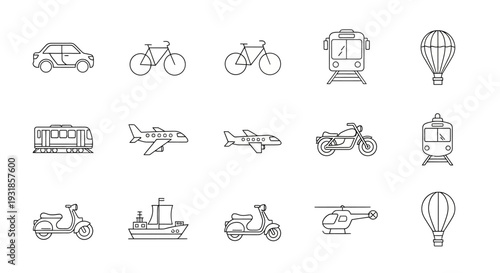 Collection of Various Vehicle Icons Outlined.