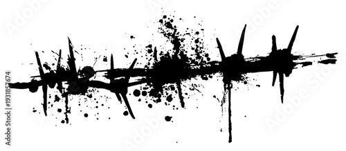 Abstract barbed wire illustration featuring massive ink splatters and distressed grunge textures