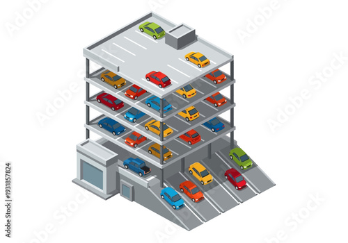 Multilevel Car Park with Vehicles Inside.