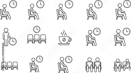Professional Waiting Room And Time Management Line Icon Set Featuring People Sitting In Chairs Clocks Coffee And Patient Lounge Symbols For Healthcare Office Design