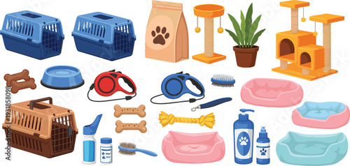 Pet Care Supplies Collection with Cat Tree Carrier Leash Beds Grooming Tools and Accessories Vector Illustration