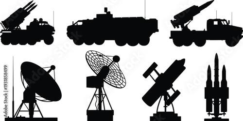Military defense silhouettes, missile launcher vehicles, armored vehicle, satellite dishes, radar equipment, communication technology illustration, modern warfare concept, strategic security artwork