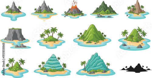 Tropical Island Collection with Mountains Volcano Palm Trees and Ocean Landscape Cartoon Vector Set
