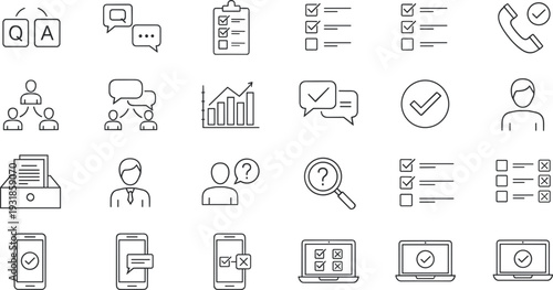 Professional Customer Service And FAQ Line Icon Set Featuring Speech Bubbles Checklists Survey Forms And Technical Support For Business Communication Graphic Design
