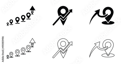 Business Location Growth and Expansion Icon Set with Map Pin, Direction Arrow, Marketing Strategy, Target Progress and Global Development Silhouette Vector Collection