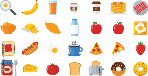 Breakfast and food flat icon set with pancakes coffee fruits and snacks