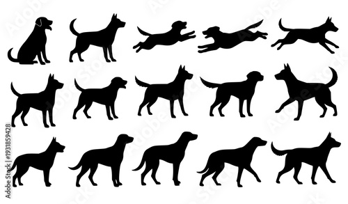 Dog silhouette vector set in various poses and breeds