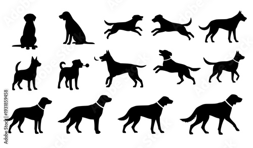 Dog silhouette vector set in various poses and breeds