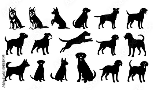 Multiple dog breeds silhouette vector collection