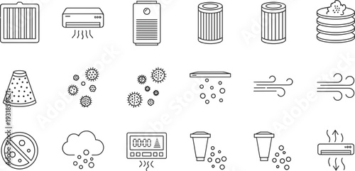 Professional Air Purifier And HVAC Ventilation System Line Icon Set Featuring HEPA Filters Climate Control And Indoor Air Quality For Domestic Maintenance