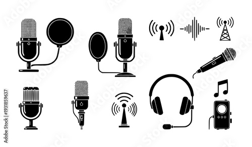 Podcast and recording microphone vector icon collection