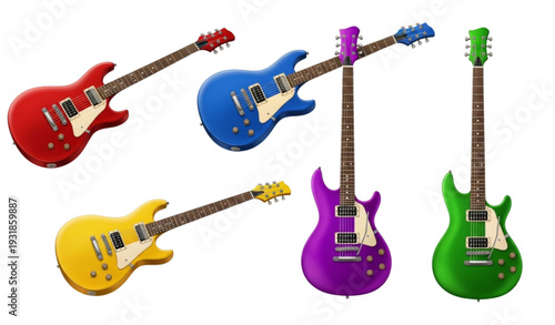 Colorful 3D electric guitars vector illustration set
