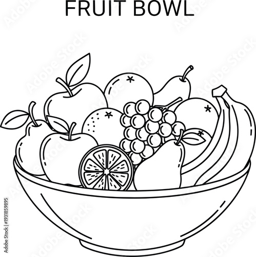Simple line art drawing of a bountiful bowl overflowing with assorted fresh healthy fruits
