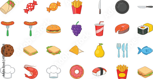 Food and restaurant icons set with sushi burger snacks and kitchen tools