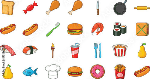 Food and kitchen icon set with burger sushi fried chicken and cooking tools