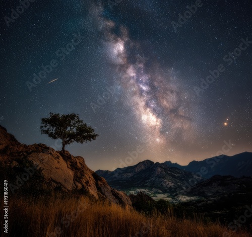 Milky Way Galaxy Shines Brightly Over Lone Tree on Rocky Hillside at Night.