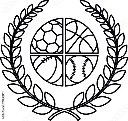 Black and white graphic emblem featuring diverse sports balls enclosed within laurel wreath