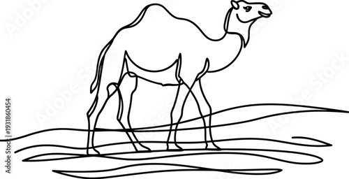Simple continuous line drawing depicting a camel walking across desert dunes