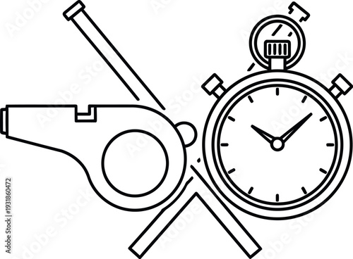 Line art icon featuring a sports whistle and stopwatch for officiating sports events