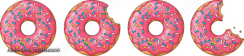 Set of pink glazed donuts with colorful sprinkles and bite marks