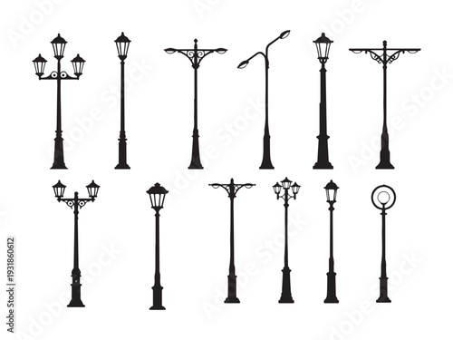Collection of vintage style street lamp designs isolated on transparent background