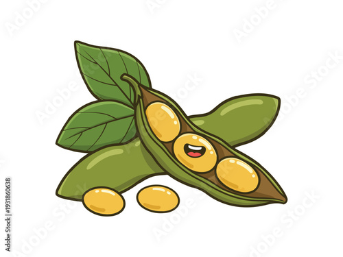 Fresh green pea pods with seeds and leaves isolated illustration