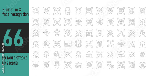 Face Recognition and Biometric Scan icon set. Editable line icons. Vector illustration.