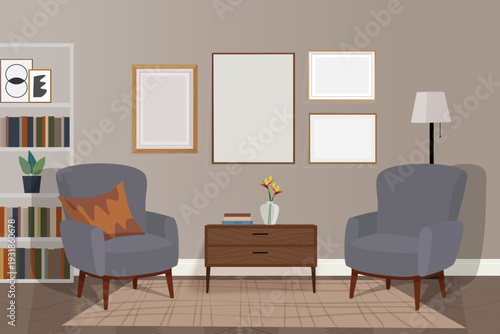 Template with frames in interior with armchairs, bookshelf and table. Classic interior with picture mockups. Vector illustration.