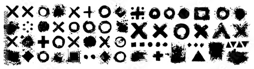 Large set of various grunge icons and distressed geometric shapes including crosses circles and paint splatters