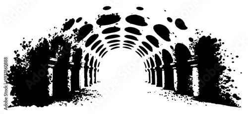 Dramatic perspective view of an abstract grunge tunnel archway with columns and ink splatters