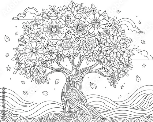Tree coloring page vector set floral canopy decorative line artTree coloring page vector set floral canopy decorative line art