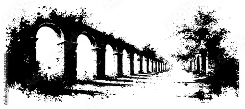 Grungy silhouette of an ancient architectural colonnade with arched pillars and ink splatters
