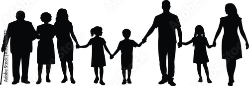 Multigenerational family silhouettes, grandparents, parents, children, holding hands, unity concept illustration, generational continuity, togetherness, black silhouette artwork, family bond