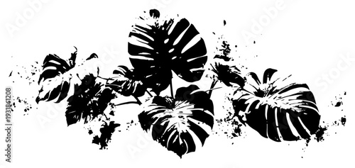 Tropical monstera leaves composition with grunge ink textures and paint splatters