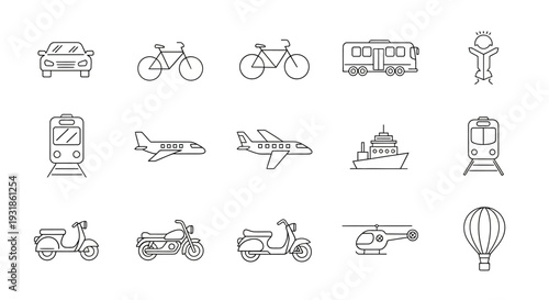 Various Vehicles and Transportation Icons Outlined.