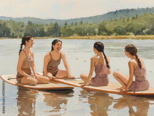 Watercolor friend woman laughter paddleboard lake summer nature, four female friends chatting on calm water, forest shoreline, joyful