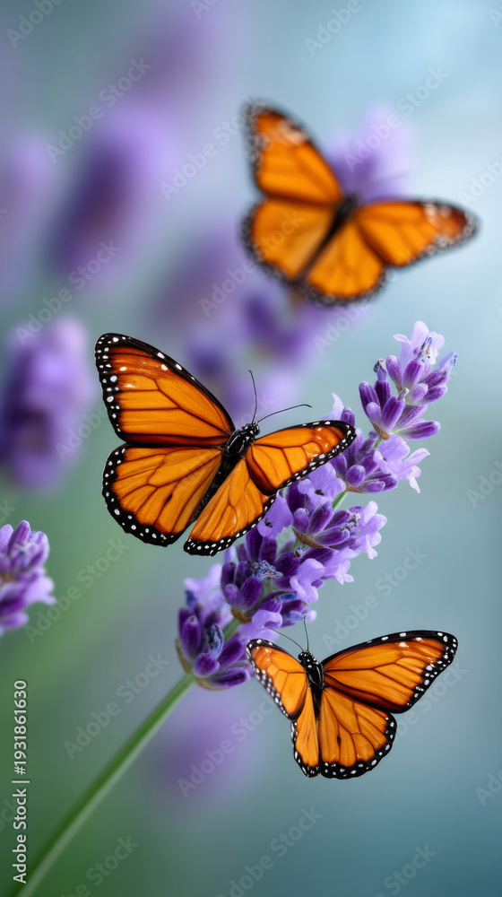 Obraz premium Monarch butterflies resting on lavender blooms