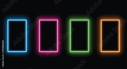 Four brightly colored neon rectangles against a stark black background