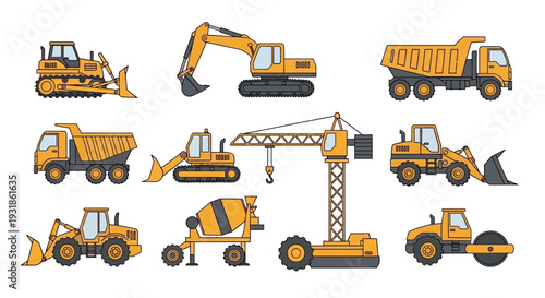 Collection of Yellow Construction Vehicles and Equipment.