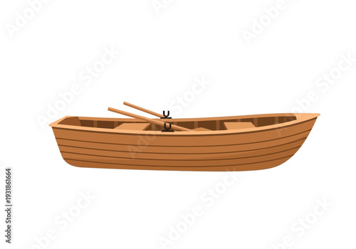 Wooden Boat with Oars on White Background.