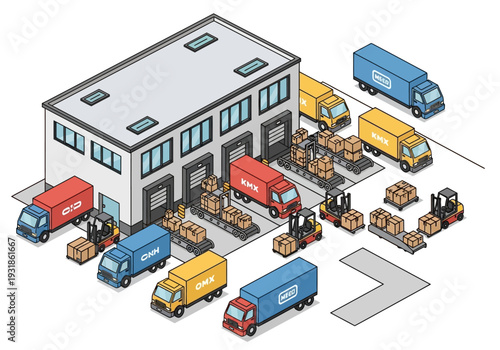 Warehouse with Trucks and Packages Being Loaded.
