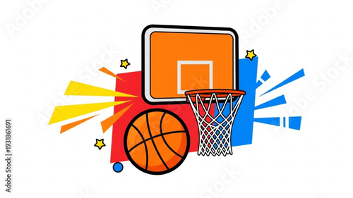 Basketball Hoop with Ball, Sports Action Graphic, Dynamic Background, Flat Design Vector Illustration