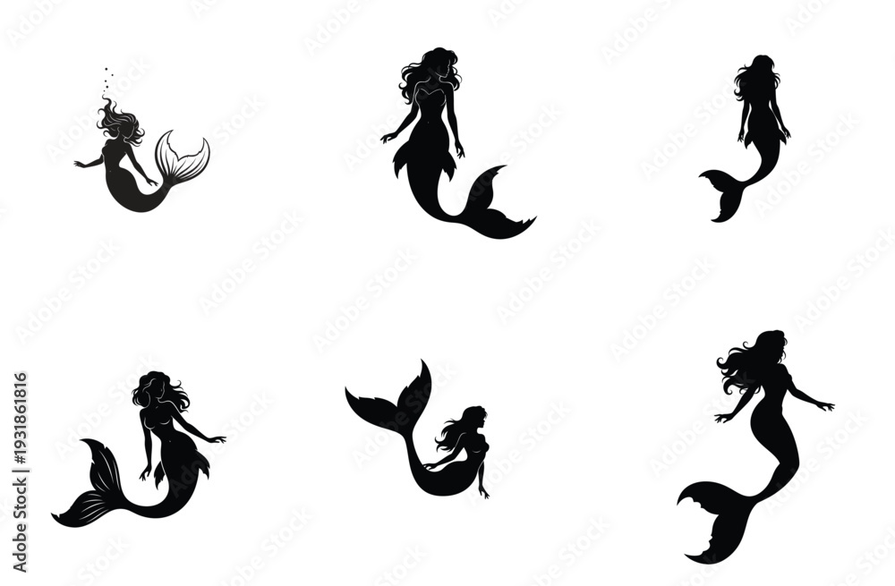 Obraz premium Mermaid Silhouette Collection Elegant Black Silhouettes Vector Illustration
