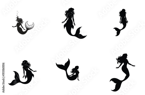 Mermaid Silhouette Collection Elegant Black Silhouettes Vector Illustration