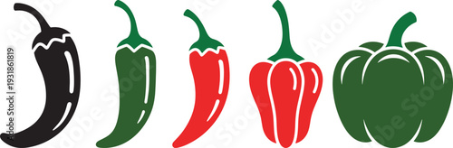 Fresh Chili and Bell Pepper Icon Set, Colorful Vector Design