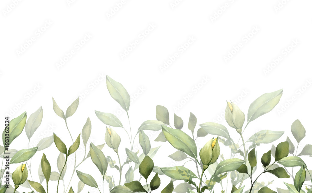 Obraz premium Hand drawn seamless border with green leaves and branches. Elegant botanical divider