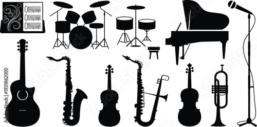 Musical instrument silhouettes, piano, drum set, guitar, saxophone, violin, cello, trumpet, microphone stand, sheet music, diverse music illustration